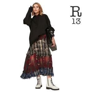 R13 Pieced Gathered Skirt in Red, Beige, & Blue Plaid - Medium (8-10)